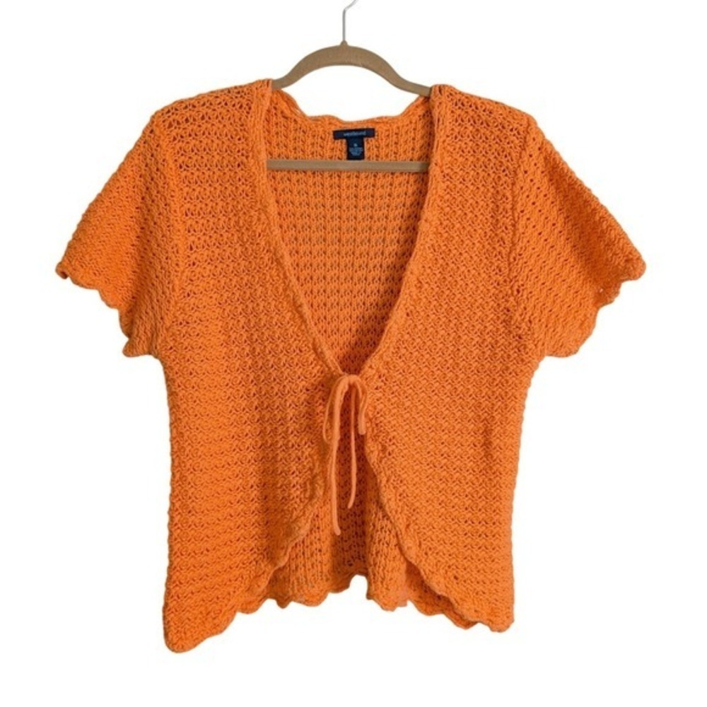 Westbound Earthy Whimsy Clementine Orange Tie Front Crochet Short Sleeve Blouse